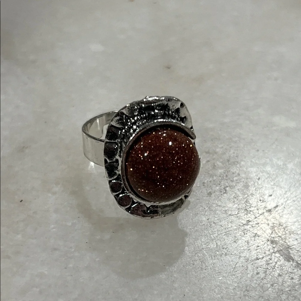 Goldstone Stone Antiqued Silver Adjustable Ring